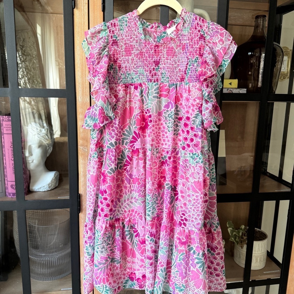 Aura floral smocked dress mini colorful chiffon flutter ruffle short sleeve - Picture 5 of 5